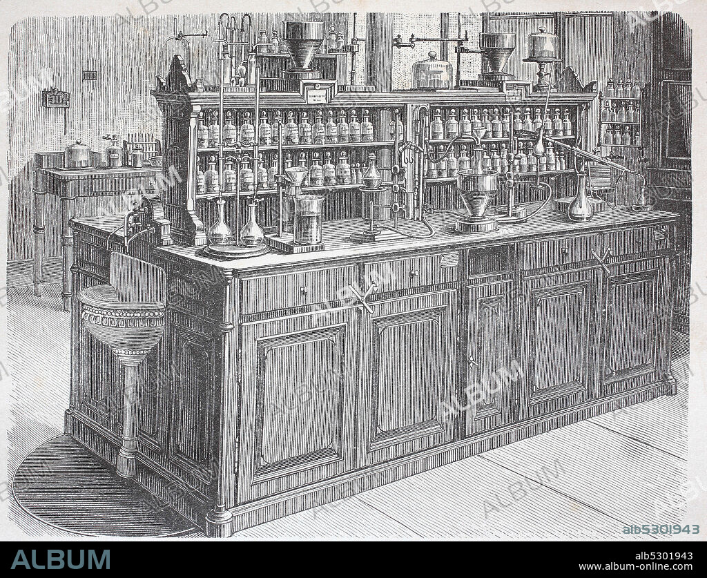 View of a worktable in the chemical laboratory of the University of Leipzig, Germany,   /  Ansicht eines Arbeitstisches im Chemielabor der Universität Leipzig, Historisch, digital improved reproduction of an original from the 19th century / digitale Reproduktion einer Originalvorlage aus dem 19. Jahrhundert.