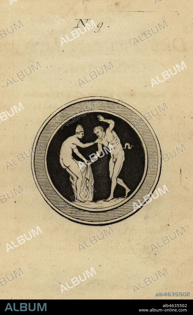 The Greek god Pan with an erection tearing the robe off the chaste nymph Syrinx. Le Dieu Pan avec la Nymphe Siringa. Copperplate engraving from Pierre-Francois dHarcanvilles Monumens du Culte Secret des Dames Romaines, Sabellus, Capri (Monuments to the Secret Cult of Roman Women, Leclerc, Nancy) 1780. Based on imaginary Spintria, medals and cameos.