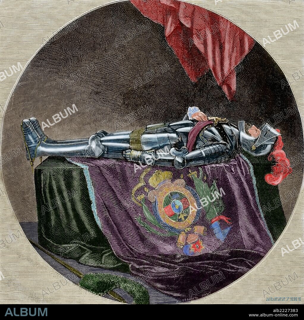JIMENEZ DE QUESADA, Gonzalo (Córdoba,1500-Mariquita,1579). Conquistador español. Fundador de Santa Fe de Bogotá y mariscal del Nuevo Reino de Granada. "Exposición del cadáver de Gonzalo Ximenez de Quesada". "La Ilustración Española y Americana", año 1880. Grabado coloreado.