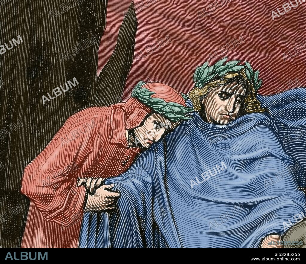 Divine Comedy. Epic poem written by Dante Alighieri between 1308 and his death in 1321.  Journey of Dante through the Hell, guided by the Roman poet Virgil.  Engraving by Gustave Dore. Colored.