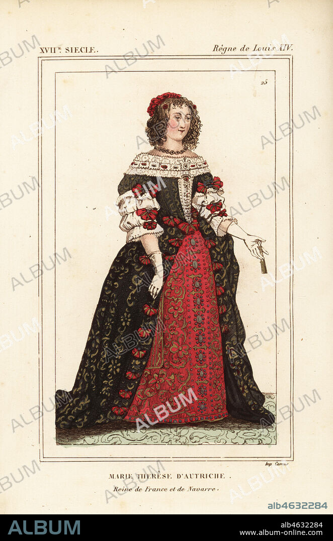 Maria Theresa of Spain, wife of King Louis XIV, 1638-1683. Marie Therese d'Autriche, Reine de France et de Navarre. Handcoloured lithograph after a portrait in Roger de Gaignieres' gallery portfolio X 52 from Le Bibliophile Jacob aka Paul Lacroix's Costumes Historiques de la France (Historical Costumes of France), Administration de Librairie, Paris, 1852.