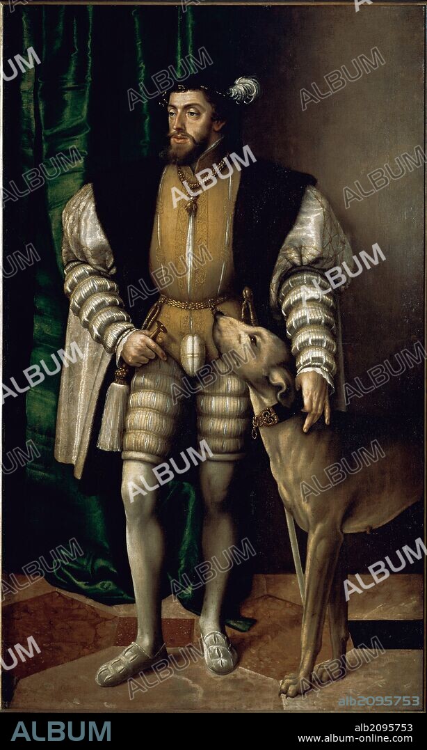Charles V, Holy Roman Emperor (1500-1558).  The portrait of Charles V with a Dog. Oil on canvas. Painting, 1532 by Jakob Seisenegger.