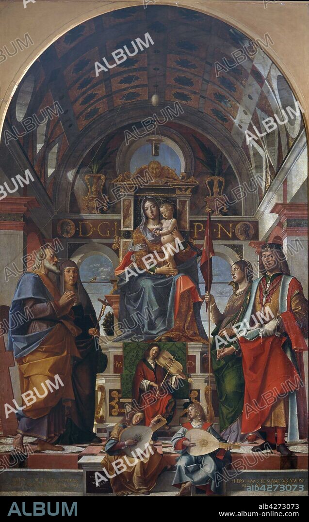 BARTOLOMEO MONTAGNA. The Virgin and Child enthroned with saints and angels making music.