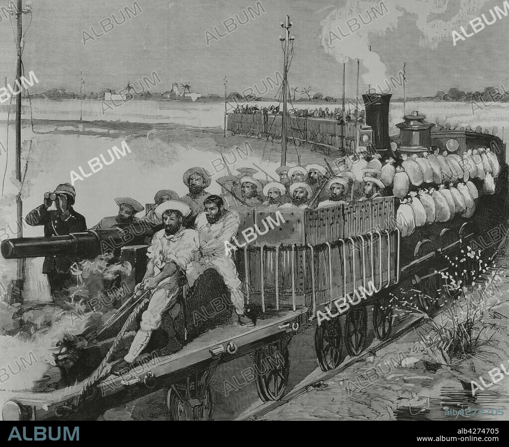 BERNARDO RICO (1825-1894). SPANISH ENGRAVER.. Conquest of Egypt by English troops, 1882. Egypt. Alexandria (English line). The armored train that General Alison uses in military reconnaissance. Engraving by Rico. La Ilustración Española y Americana, 1882.