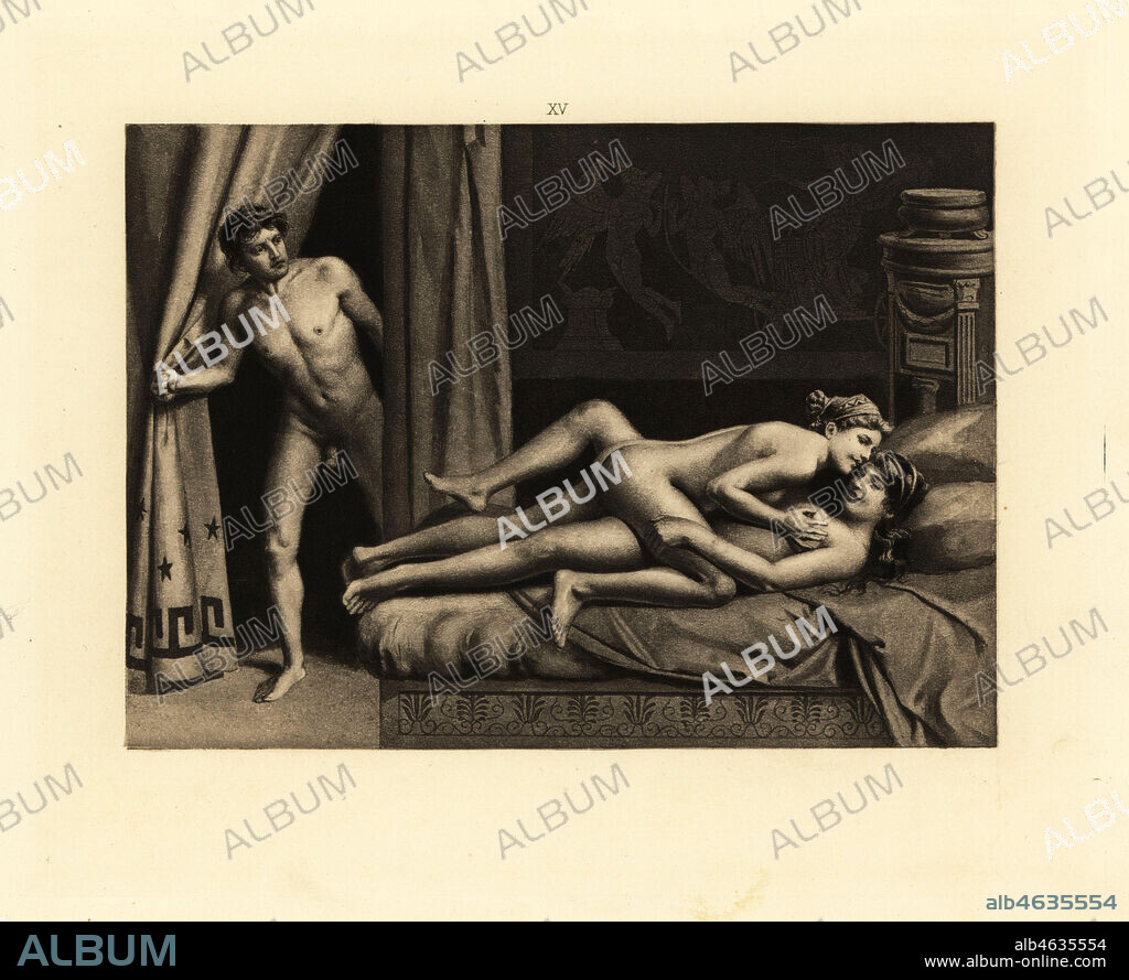 Naked Roman man surprising a lesbian couple on a bed. Aquatint by Theophile Fillon after an illustration by Paul Avril from Friedrich Karl Forbergs Manual of Classical Erotology, Manuel derotologie classique, De Figuris veneris, Charles Hirsch, 1906, translated by Alcide Bonneau (not Isidore Liseaux).