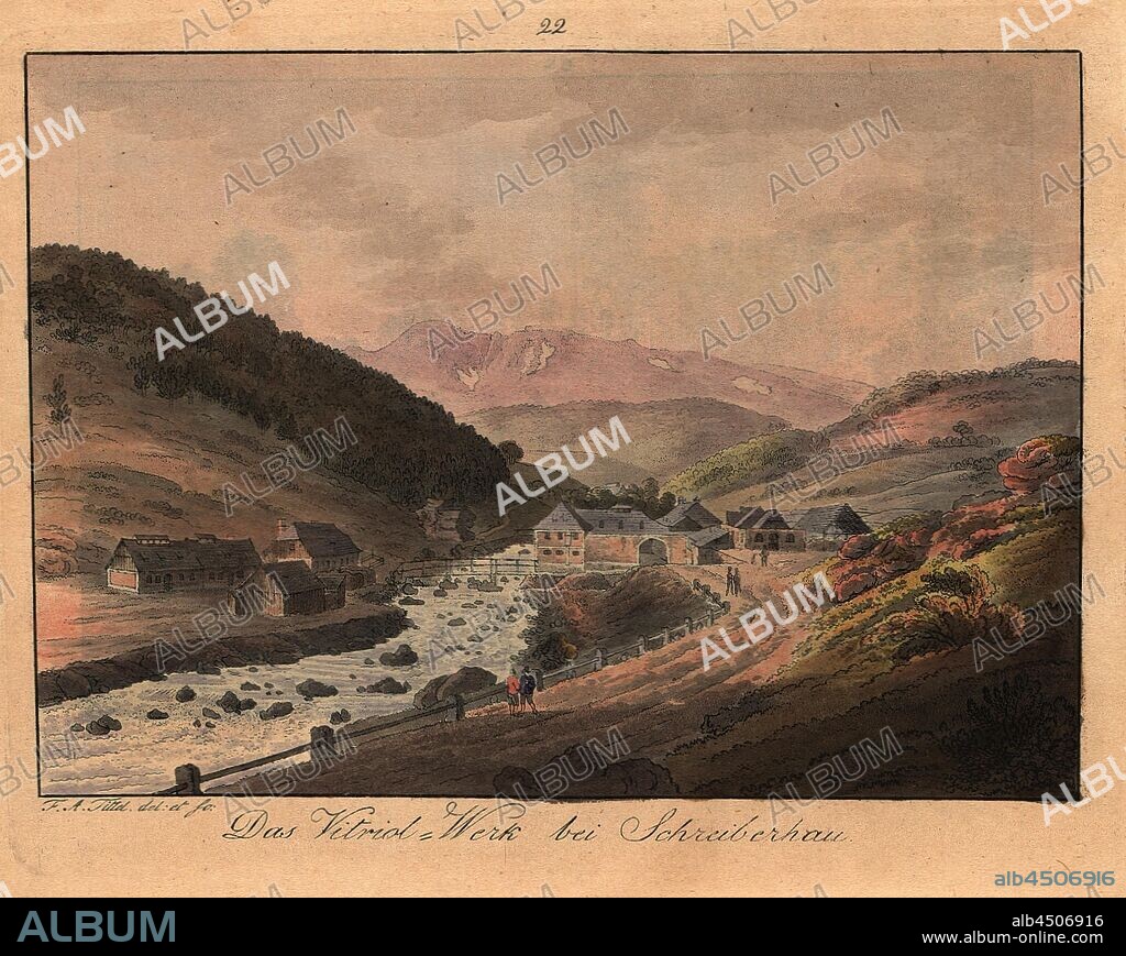 The vitriol plant near Schreiberhau, Vitriolwerk bei Schreiberhau, Signed: F. A. Tittel, Colored etching, Plate 22, Tittel, Friedrich August (del. et sc.), 1821, Friedrich August Tittel, Wanderung im Riesen-Gebürge malerisch erläutert (...). Landeshut: gedruckt bei J. C. Neumann, 1821.