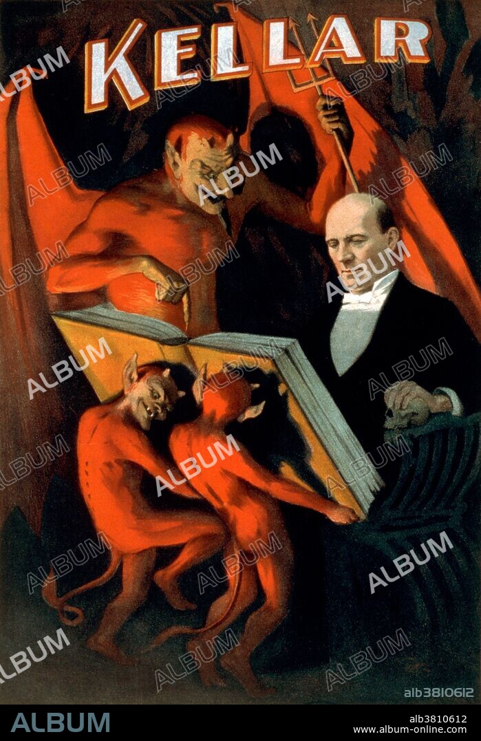 Kellar lithograph poster created by the Strobridge Lithographing Company, 1894. Magic has a long history of being associated with the devil and the dark arts. The explosion of devilish advertisements took place when magicians moved from using simple printed playbills to elaborate full color lithographs. Harry Kellar (July 11, 1849 - March 10, 1922) was an American magician who presented large stage shows during the late 19th and early 20th centuries. He was often referred to as the "Dean of American Magicians" and performed extensively on five continents. One of his most memorable stage illusions was the levitation of a girl advertised as the "Levitation of Princess Karnack". He married Eva Lydia Medley, a coronet player, in 1887. She played a part in many of his upcoming illusions, but she also provided music for the shows. He retired in 1908, and allowed Howard Thurston to be his successor. Kellar was often visited by other magicians, notably including Harry Houdini. He died in 1922 at the age of 72 from a pulmonary hemorrhage brought on by influenza.