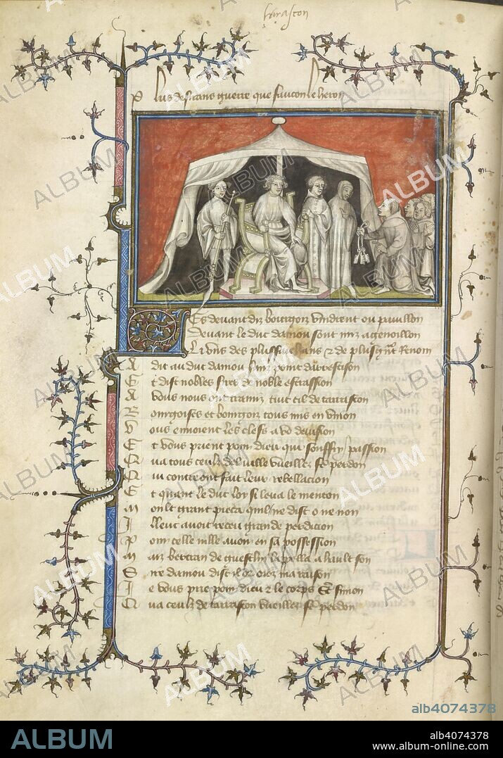 Miniature of the Surrender of Tarascon, with a decorated initial 'L'(es), and a full border, from Jean Cuvelier's Chanson de Bertrand du Guesclin. La chanson de Bertrand du Guesclin. France, Central (Paris); between c. 1380 and 1392. Source: Yates Thompson 35, f.210v. Language: French.