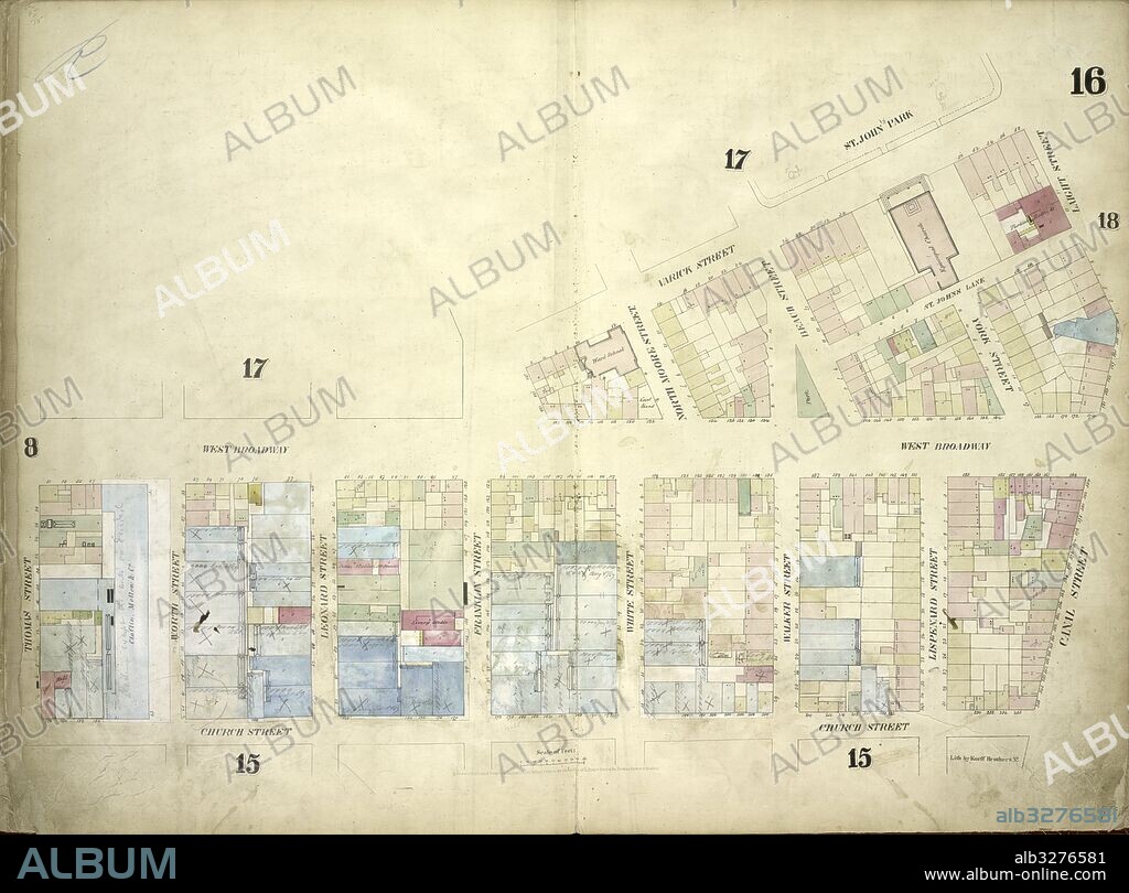 Plate 16: Map bounded by West Broadway, Varick Street, Laight Street, Canal Street, Church Street, Thomas Street; Including St.John Park, Worth Street, Leonard Street, Franklin Street, White Street, North Moore Street, Walker Street, Beach.