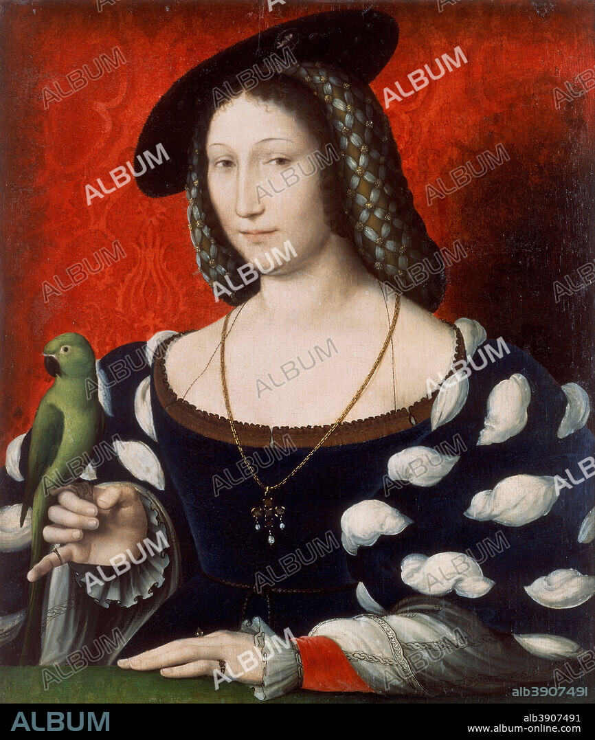 JEAN CLOUET. Portrait of Marguerite of Navarre (Portrait of a Lady with a Parrot / Portrait of Marguerite d'Angouleme, duchess d'Angoulême, Queen of Navarre / Portrait of Marguerite de Valois / Portrait of a Florentine Lady). Date/Period: Ca. 1527. Painting. Oil on oak. Height: 59.8 cm (23.5 in); Width: 51.4 cm (20.2 in).