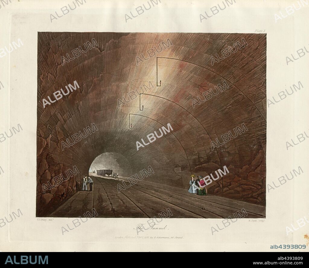 The Tunnel, Wapping Tunnel or Edge Hill Tunnel in Liverpool, signed: T. T. Bury (del.), H. Pyall (sculp.), Plate 1, p. 8, Bury, Thomas Talbot (del.), Pyall, Henry (sculp.), 1831, T. T. Bury: Coloured views on the Liverpool and Manchester railway: with plates of the coaches, machines, &c.: with descriptive particulars, serving as a guide to travellers on the railway. London: publ. by R. Ackermann, 1831.
