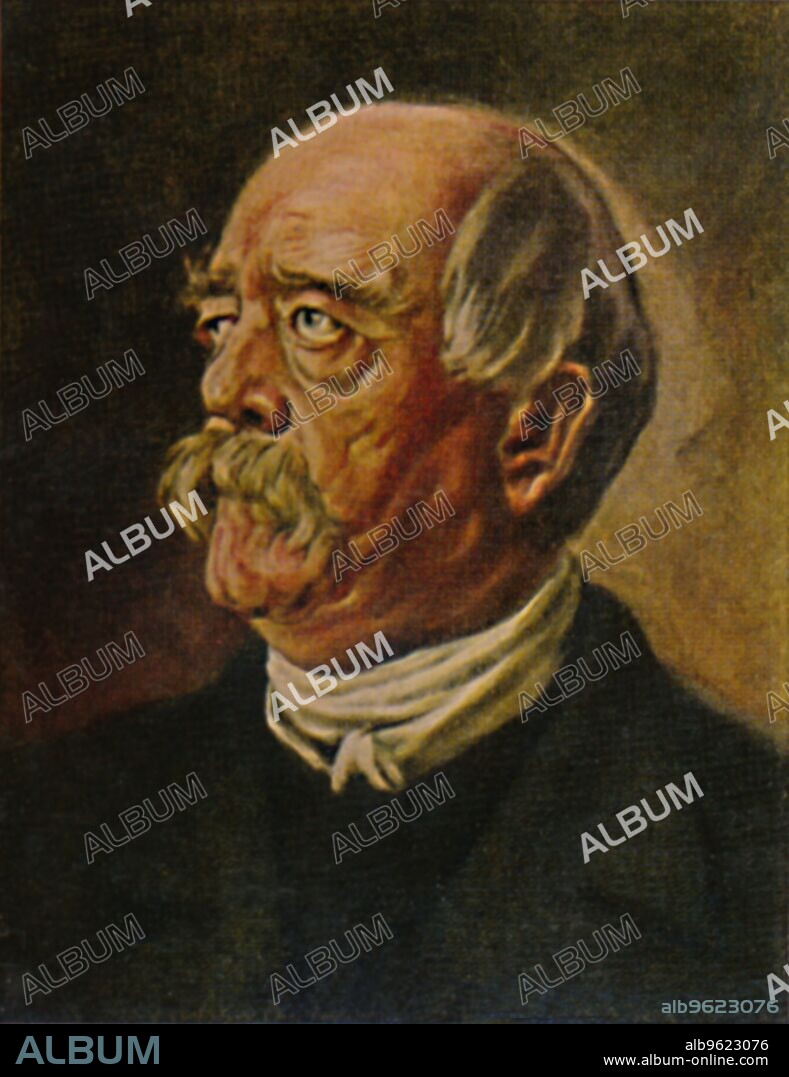 'Fürst Bismarck 1815-1898. "der eiserne Kanzler"', Otto Eduard Leopold, Prince of Bismarck, Duke of Lauenburg (1815-1898), known as Otto von Bismarck, a conservative Prussian statesman who dominated German and European affairs from the 1860s until 1890. In the 1860s, he engineered a series of wars that unified the German states, deliberately excluding Austria, into a powerful German Empire under Prussian leadership 1934. From "Die Großen der Weltgeschichte". [Eckstein-Halpaus, Dresden, 1934].