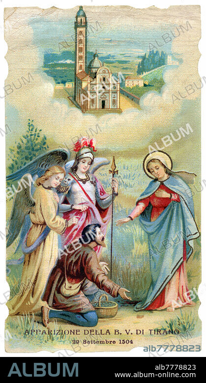 MADONNA Apparition of the Madonna of Tirano (Sondrio) occurred on 29 September 1504 to Blessed Mario Omodei, to whom he offers to heal his brother and put an end to the plague epidemic, asking in exchange for involving the population in building a church in his honor exactly in the part of the vegetable garden where it was transported by angels. Chromolithographic pictogram, Italy 1904.