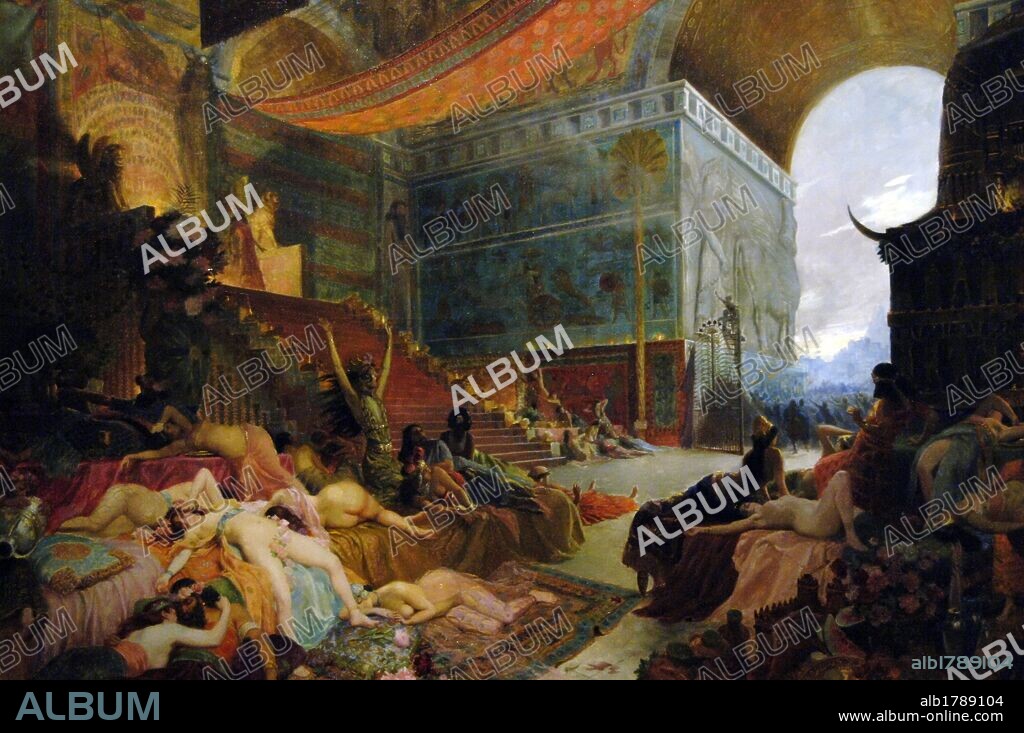 Georges Antoine Rochegrosse (1859-1938). French historical and decorative painer. The Fall of Babylon or The Death of Babylon, c. 1890. Orientalist style. The Persian king Cyrus the Great captures Babylon. Oil on canvas (0,92 x 120 cm). Louvre Museum. Paris, France.