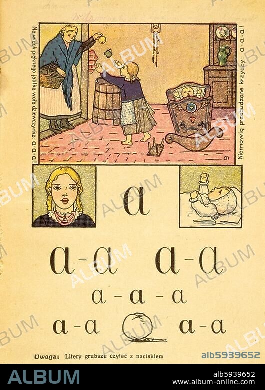 Pädagogik / Lesenlernen. Buchseite aus einer polnischen Schulfibel: Der Buchstabe A. Farbdruck, 1917. Aus: Teodor Bernadzikiewicz, Poczatki czytania i pisania czyli Elementarz. (...), Posen (F.Pilczka) o. J. (1917). Berlin, Sammlung Archiv für Kunst und Geschichte.