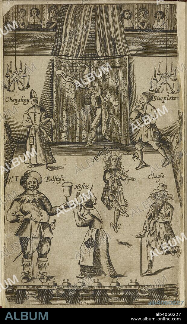 FRANCIS. KIRKMAN. Elizabethan figures on a stage, annotated with names from various plays, such as: Changeling; Simpleton; French dancing and possibly, Falstaffe. The Wits, or Sport upon Sport, being a curious collection of several drols and farces, etc. Written by Shakespear, Fletcher, Johnson, Shirley, and others. London, 1673, 72. Source: C.71.h.23 frontispiece. Language: English.