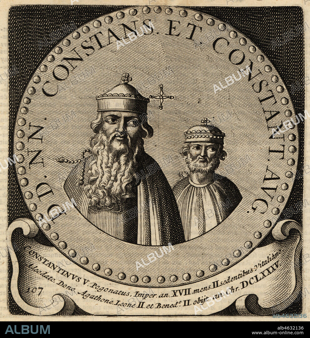 Byzantine Emperor Constans II, Heraclius Constantinus Augustus or Constantine the Bearded, 630-668, and son Constantine IV, Flavius Constantinus Augustus or Pogonatos, 652-685. Copperplate engraving from Abraham Bogaerts De Roomsche Monarchy, The Roman Monarchy, Francois Salma, Utrecht, 1697.