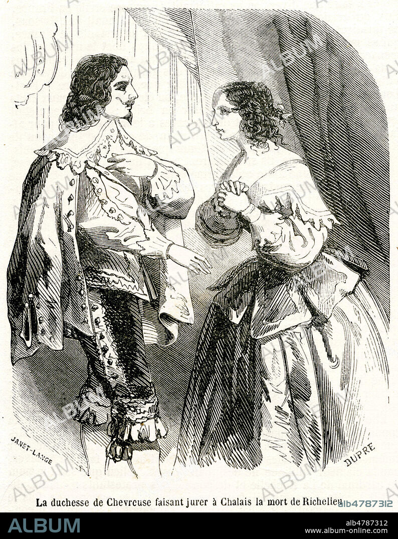 La duchesse de CHEVREUSE (1600-1679) faisant jurer au comte de CHALAIS (1599-1626) la mort du cardinal de RICHELIEU (1585-1642). Illustration de 1852 par JANET-LANGE (1815-1872) pour Histoire de France par Louis Pierre ANQUETIL (1723-1808). Credit : Collection Jonas/Kharbine-Tapabor.