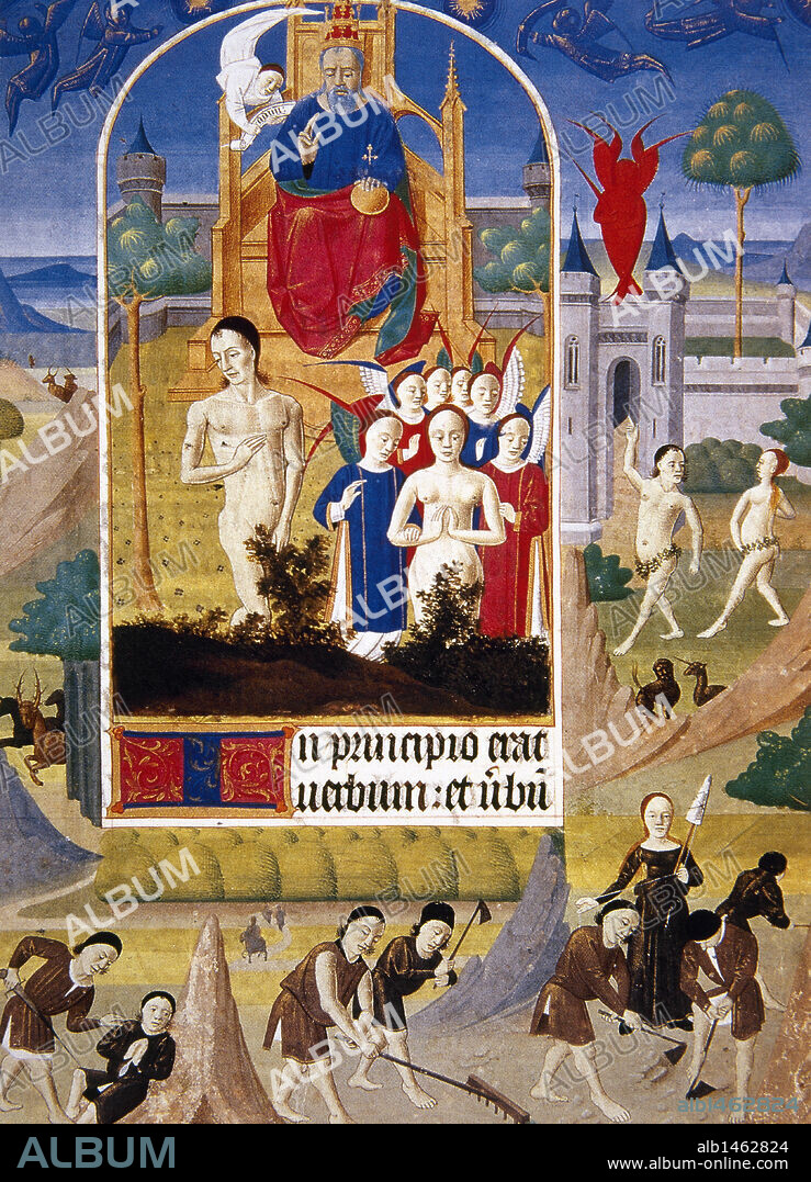 BIBLIA. ESCENAS DE LA VIDA DE ADAN Y EVA: EXPULSION DEL PARAISO TERRENAL. EVA HILANDO LANA Y ADAN REALIZANDO LABORES AGRICOLAS. CAIN MATA A SU HERMANO ABEL. Miniatura del "Livre d'Heures de la duchesse de Bourgogne" del siglo XV. Castillo de Chantilly. Francia.