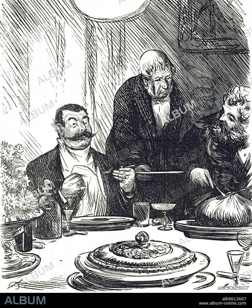 A cartoon depicting a dinner party where haggis is served. Dated 19th century.