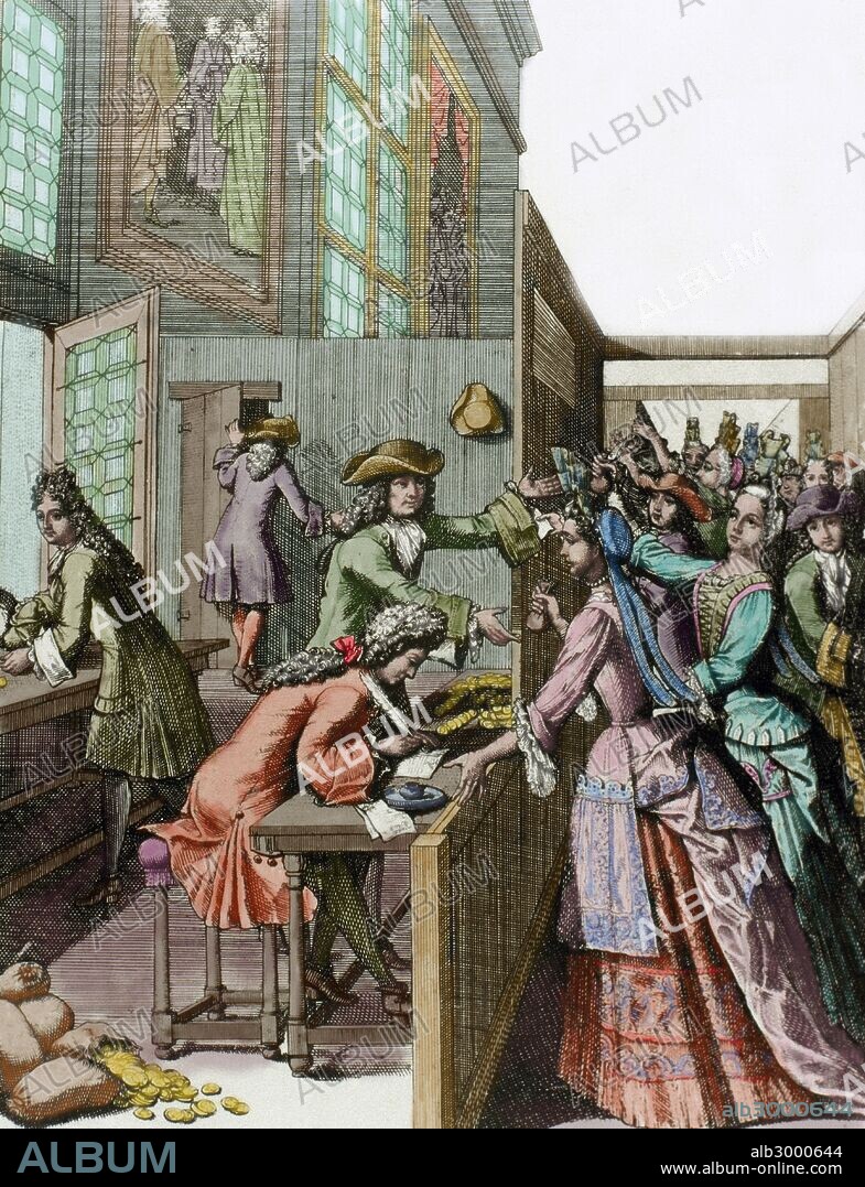 History of France. 18th century. Tributes to the King. French people paying their taxes. Engraving. Colored.