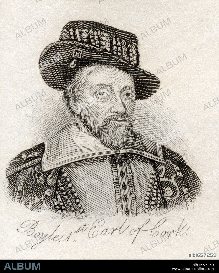 Richard Boyle, 1st Earl of Cork, also known as the Great Earl of Cork, 1566 - 1643. Lord High Treasurer of the Kingdom of Ireland. From the book Crabbs Historical Dictionary published 1825.