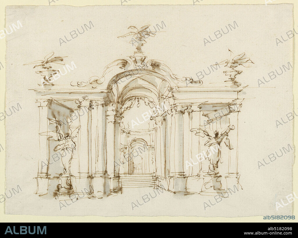 Stage design, a garden loggia, Filippo Juvarra, Italian, 1678 - 1736, Pen and ink, brush and gray watercolor on paper, The small barriers of a monumental gateway are opened. It has the shape of a colonnade with a higher vaulted central part, and with two lower, straight, covered lateral parts. In front of the latter stand statues of angels; the left one is carrying a cross and another objecy; the right one is carrying possibly a trumpet. View through the central part, at a vestibule with stairs, leading up to a gallery which is closed at the back by a barrier., Italy, ca. 170014, theater, Drawing, Drawing.