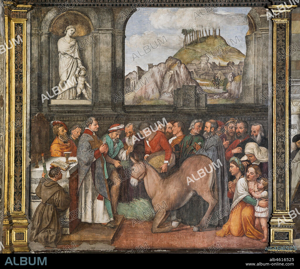 Padua, Basilica di St Anthony or of the Saint, Scuola del Santo (School of the Saint), Salon, the northern wall: . - "The miracle of the mule," fresco by Girolamo Tessari, known as Girolamo Dal Santo, 1515.