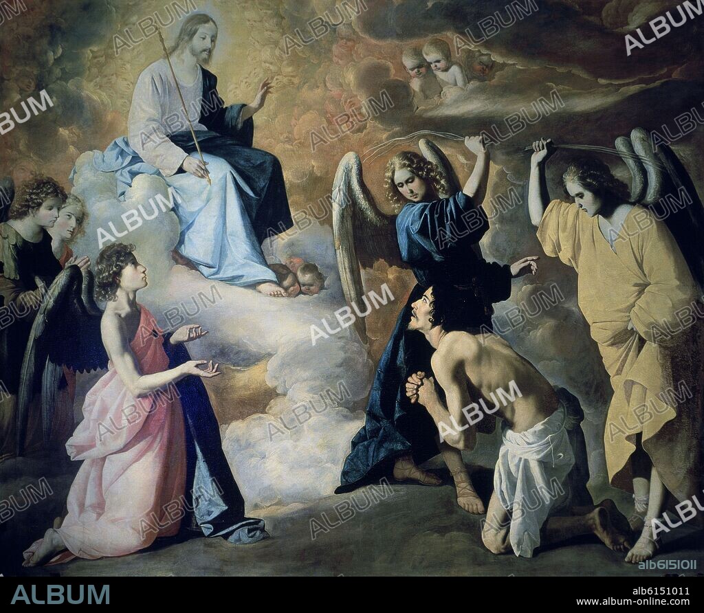 FRANCISCO DE ZURBARAN. 'Flagellation of Saint Jerome by the Angels', 1639, Oil on canvas, 235 x 290 cm.