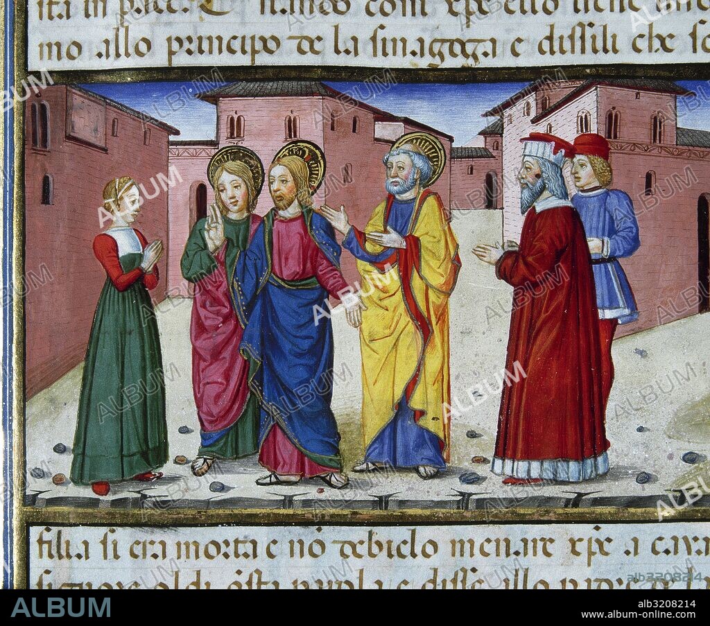 JAIRO, EL RABINO DE LA SINAGOGA, PIDE A JESUS QUE VAYA A SU CASA, DONDE SU HIJA ESTA A PUNTO DE MORIR. UNA MUJER QUE PERDIA SANGRE TOCA LA ROPA DE JESUS Y SE CURA INSTANTANEAMENTE. Página miniada del Códice de Predis. Renacimiento-Quattrocento (siglo XV). Biblioteca Real. Turín. Italia.