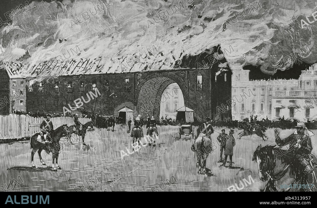 Historia de España. Madrid. Incendio de la Real Armería en la madrugada del 9 al 10 de julio de 1884. Aspecto del edificio incendiado a las dos de la madrugada del día 10, cuando ya había sido destruido por completo el tejado y encontrados los primeros heridos. Dibujo de Manuel Alcázar. Grabado. La Ilustración Española y Americana, 15 de julio de 1884.