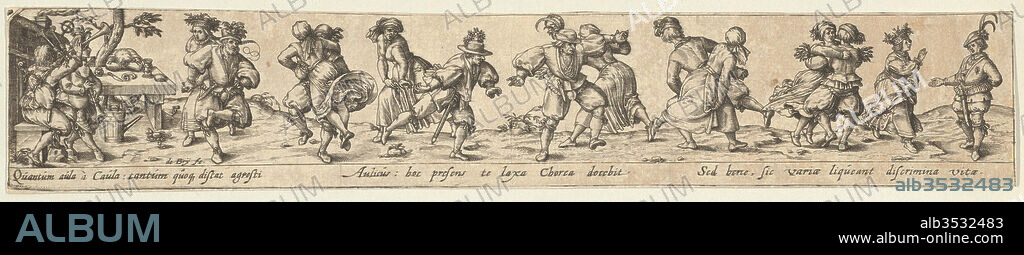 Peasant Couples Dancing, 1580–1600, Engraving, Sheet: 1 3/4 × 10 3/16 in. (4.5 × 25.9 cm), Johann Theodor de Bry (Netherlandish, Strasbourg 1561–1623 Bad Schwalbach), after Sebald Beham (German, Nuremberg 1500–1550 Frankfurt), Seven peasant couples dancing to music played by a bagpiper and horn player at left. From a series of five plates, after the woodcut by Sebald Beham (Pauli 1245).