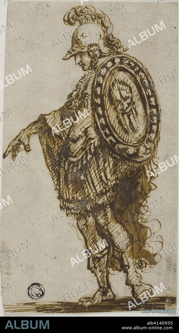 Standing Warrior with Shield. Attributed to Stefano della Bella; Italian, 1610-1664. Date: 1750. Dimensions: 181 x 193 mm. Pen and brown ink, with brush and brown wash, over traces of graphite, on ivory laid paper, laid down on ivory laid paper. Origin: Italy.