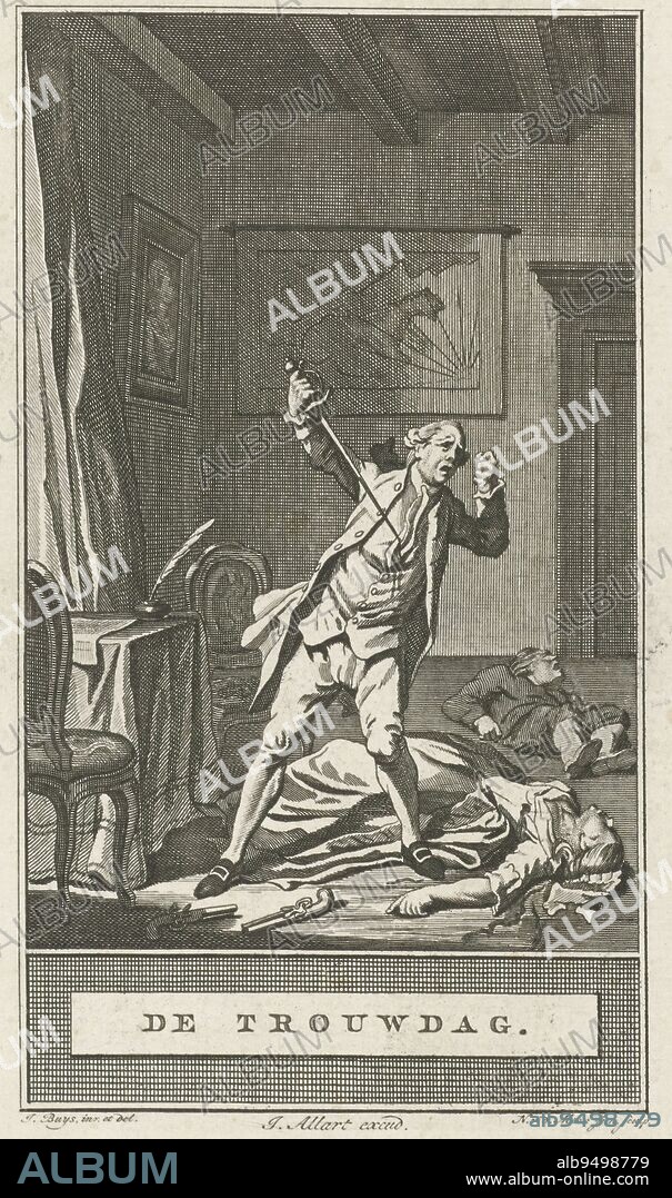 A man commits suicide with his sword after accidentally shooting his wife, Suicide The Wedding Day , print maker: Noach van der Meer (II), (mentioned on object), intermediary draughtsman: Jacobus Buys, (mentioned on object), publisher: Johannes Allart, (mentioned on object), Amsterdam, 1777, paper, etching, h 238 mm × w 149 mm.