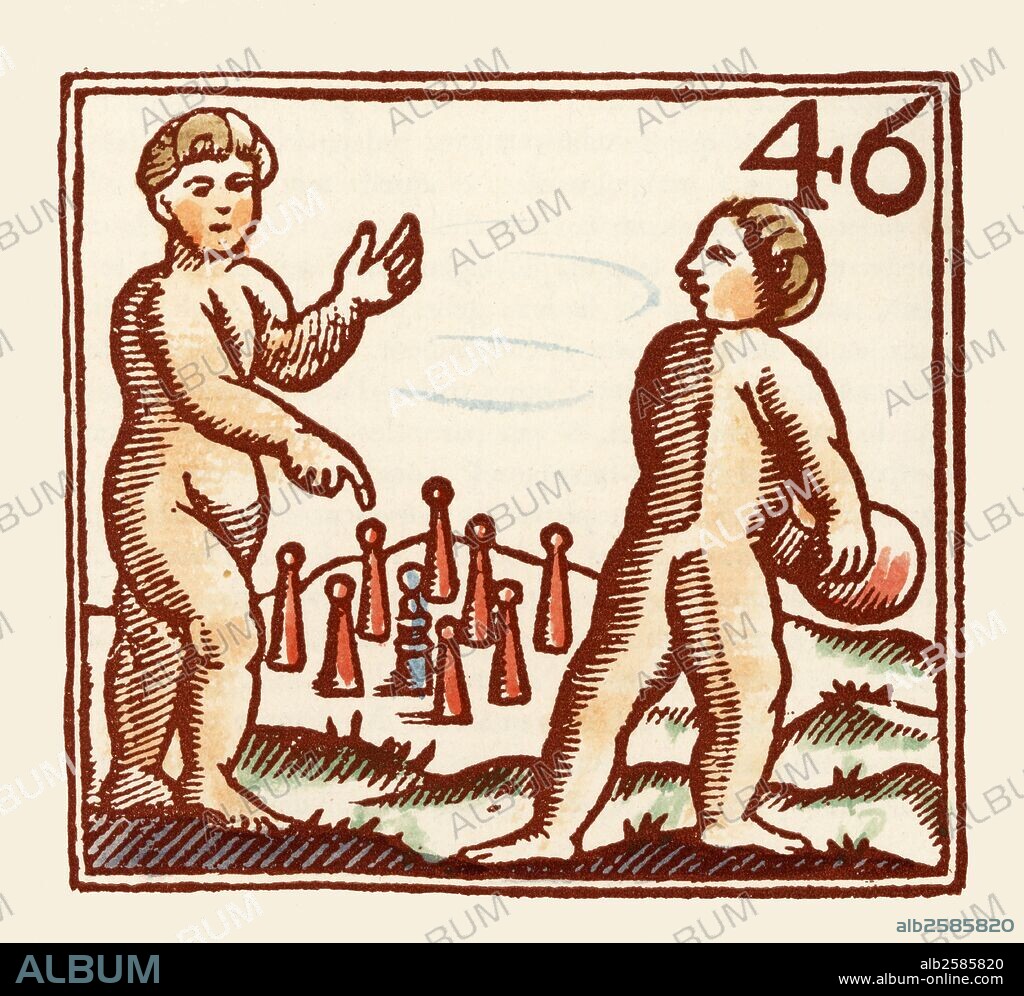 Auca dels Jocs de la Mainada. Juegos y entretenimientos infantiles del siglo XVIII. Les bitlles. Juego que trata de derribar la mayor cantidad de bolos mediante el lanzamiento de una bola grande.