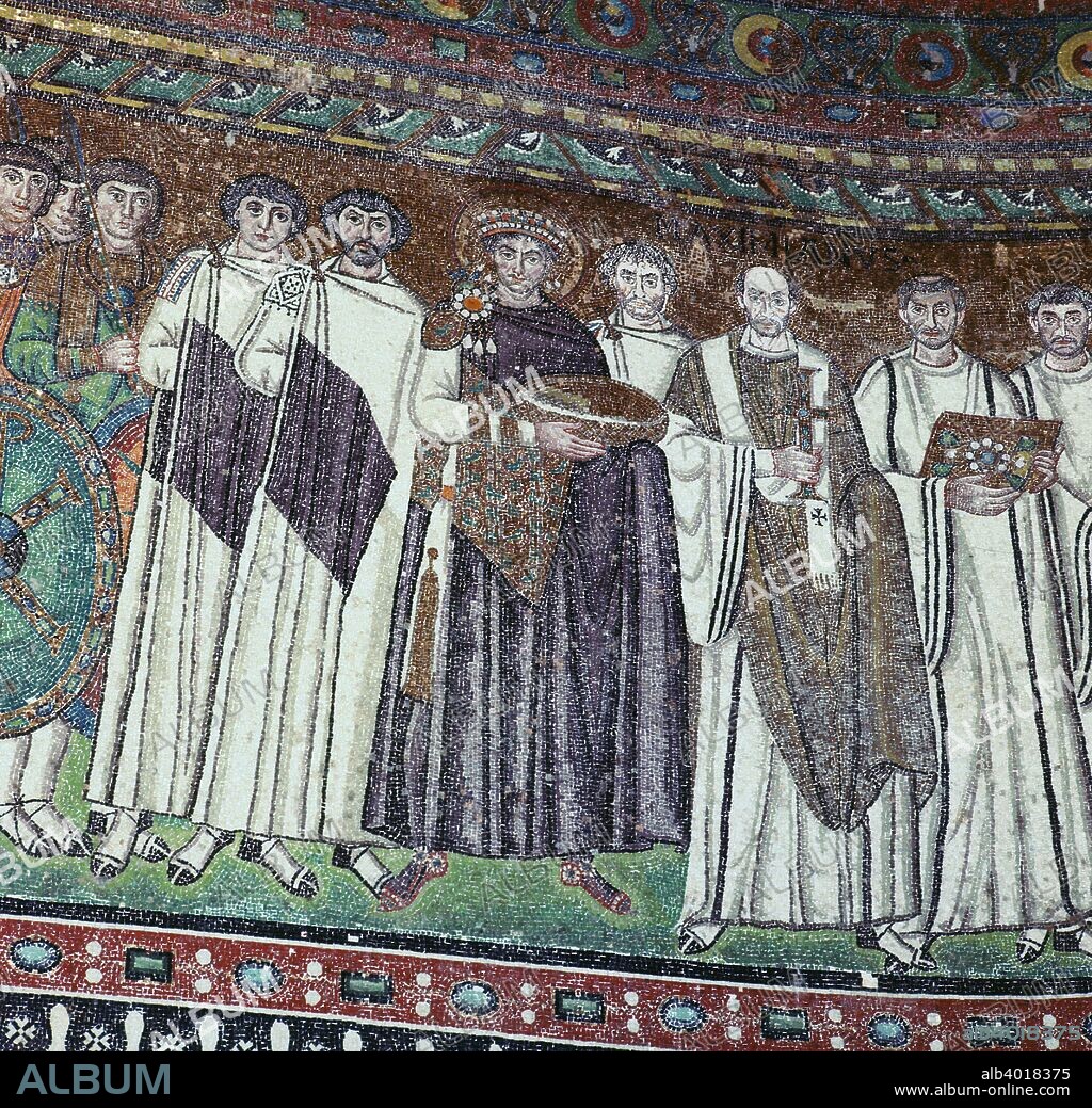 Mosaic of the Emperor Justinian and his court, in the Basilica of San Vitale in Ravenna, 6th century.