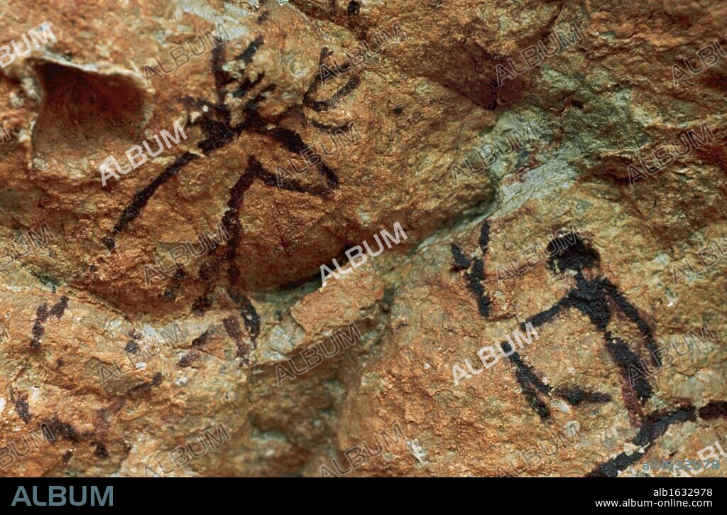 ARTE PREHISTORICO. MESOLITICO. ESPAÑA. PINTURAS RUPESTRES DE LA "SERRA DE LA PIETAT". ESCENA DE CAZA con la representación de un CIERVO. (Abrigo I de Ermites). ULLDECONA. Comarca del Montsià. Provincia de Tarragona. Cataluña.