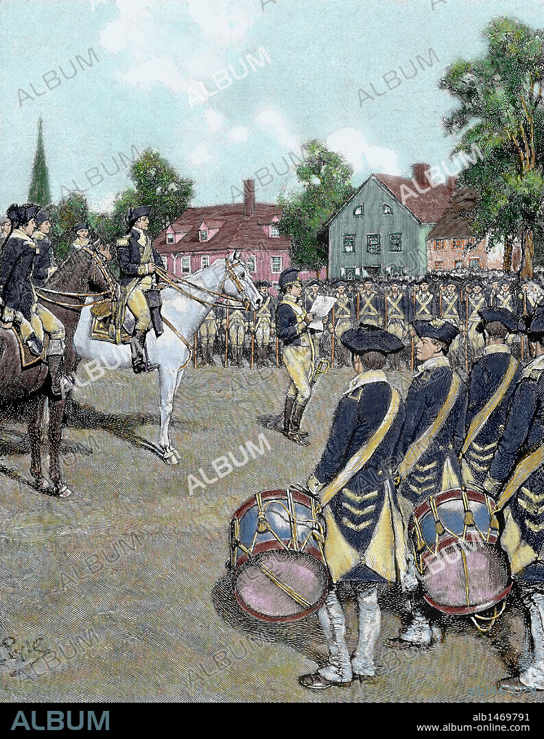 GUERRA DE LA INDEPENDENCIA AMERICANA (1775-1783). DECLARACION DE INDEPENDENCIA: El ejército del general WASHINGTON en Nueva York, el 9 de julio de 1776. Grabado por Howard Pyle, año 1892. Coloreado.