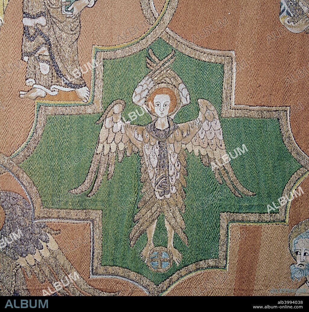 Detail of an angel from the Syon Cope, an English embroidered silk religious garment, from the V&A museum's collection, 14th century.