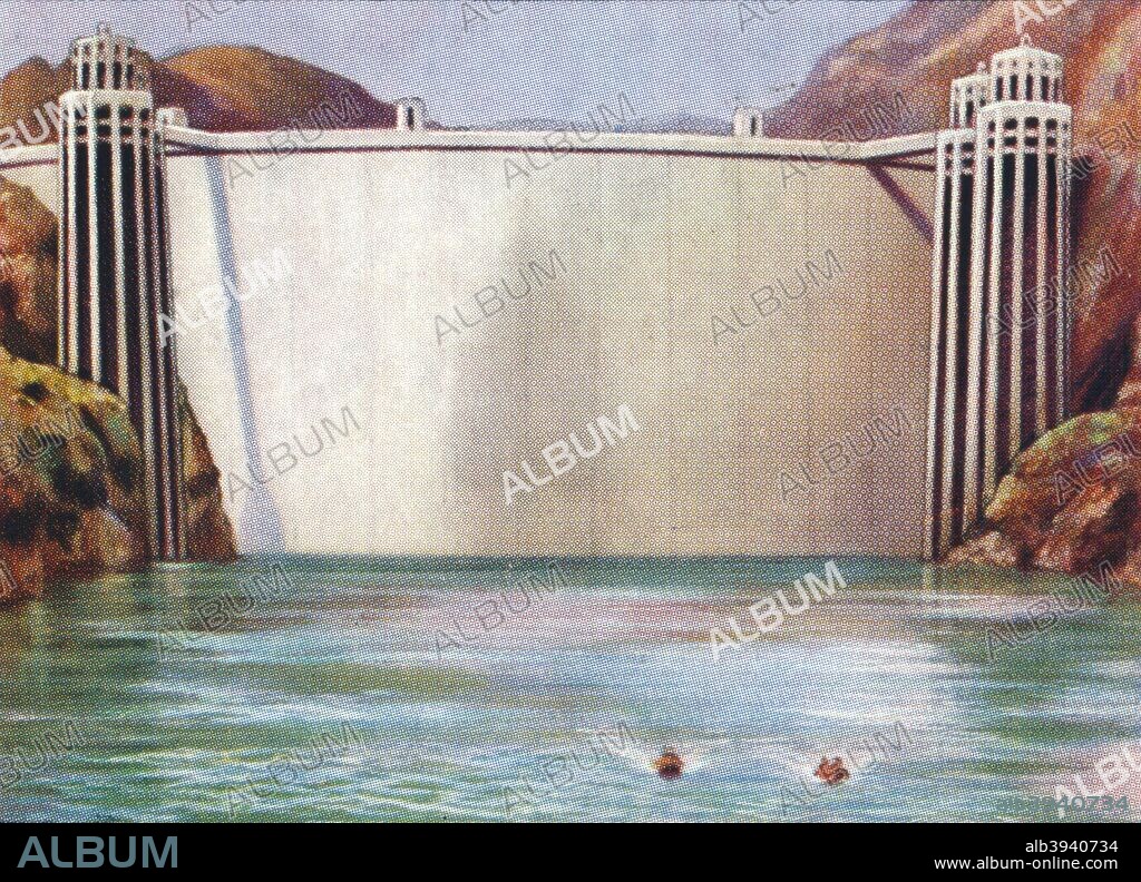 The Boulder Dam, USA, 1938. Churchman's cigarette card, from a series titled Modern Wonders [WA & AC Churchman, Great Britain & Ireland, 1938].