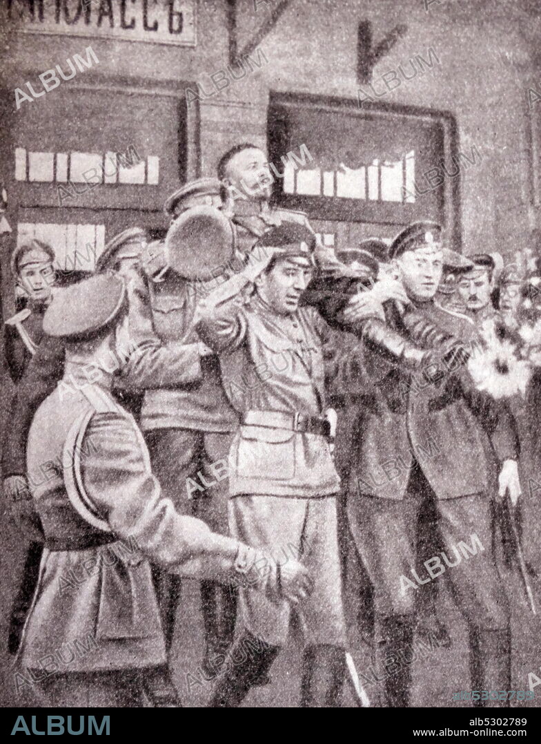 Illustration of Lavr Kornilov (1870–1918), Russian general and one of the leaders of the White Movement arriving in Moscow as commander of the Provisional Government military forces 1917.