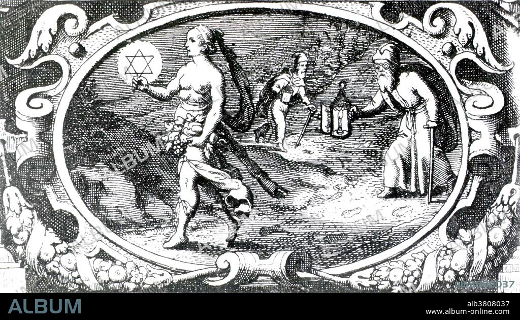 A many breasted woman is walking along a path, she is carrying the star of hope in one hand and fruit in the other; two old men are following her, they walk with the aid of canes and are carrying lanterns, one is wearing spectacles. Image appeared in Musaeum Hermeticum Reformatum et Amplificatumm by Michael Maier.