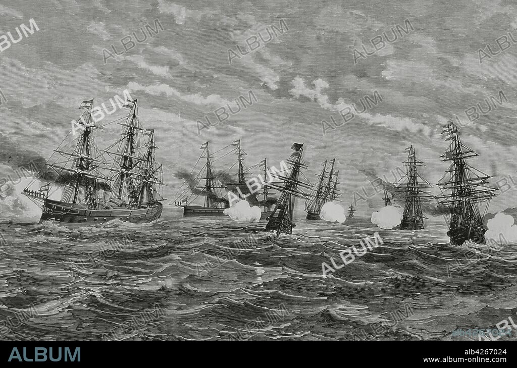 España, Galicia, El Ferrol. La Corbeta"Tornado", conduciendo a SS. MM. el Rey Alfonso XII y la Reina Maria Cristina, es saludada por la escuadra a la altura del Cabo Prior, el 9 del corriente. De izquierda a derecha: la"Sagunto", "Zaragoza", "Corbeta Tornado", "Carmen", "Concordia", "Pelícano", "Villa de Madrid"y"Almansa". Dibujo de Riudavets, según croquis del natural por Monleón. Grabado. La Ilustración Española y Americana,22 de agosto de 1881.