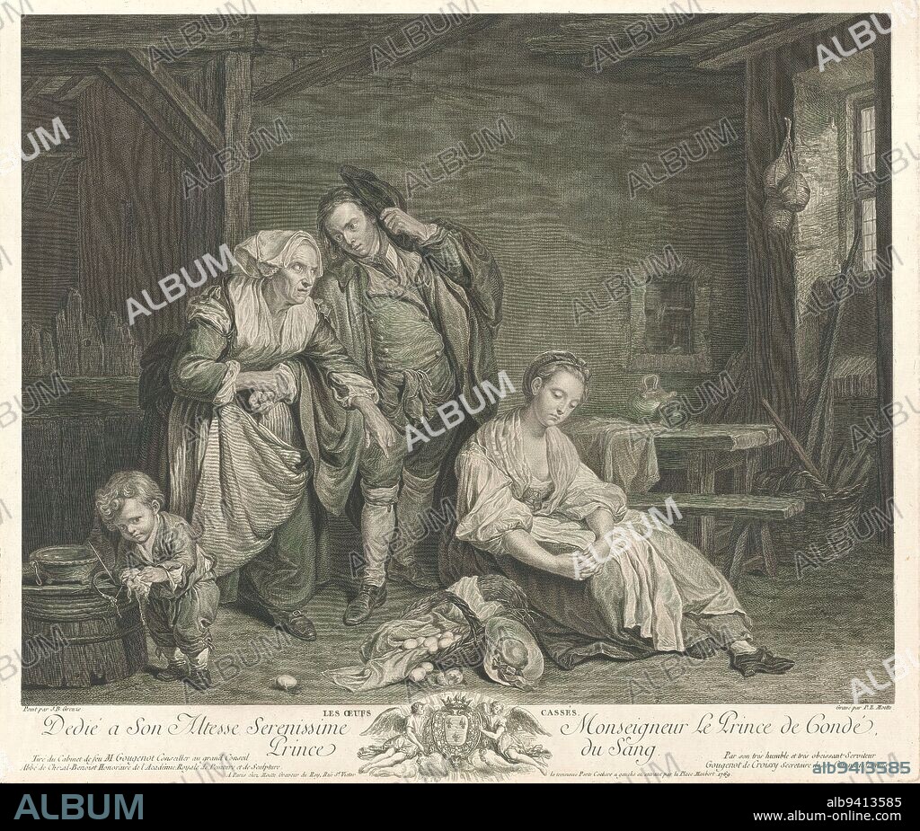 Young woman beside a basket of broken eggs, Les oeufs cassés (title on object), Allegory of the loss of virginity. Young woman holding next to her a basket of broken eggs. An old woman points to it and holds a young man with one hand. On the left, a small child., print maker: Pierre Etienne Moitte, (mentioned on object), after painting by: Jean-Baptiste Greuze, (mentioned on object), publisher: Pierre Etienne Moitte, (mentioned on object), Paris, 1769, paper, etching, engraving, height 416 mm × width 488 mm.