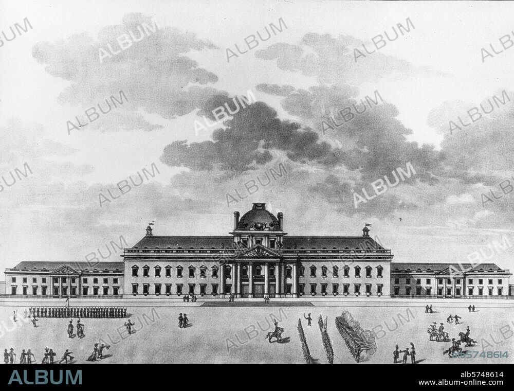 Paris, École Militaire. (construite en 1751). "VUE DE L'ECOLE MILITAIRE PRISE DU CHAMP DE MARS". Gravure à l'eau-forte de Jean-Baptiste Chapuy (1760-1802) d'ap. un dessin de Durand. Paris, Bibliothèque Nationale.