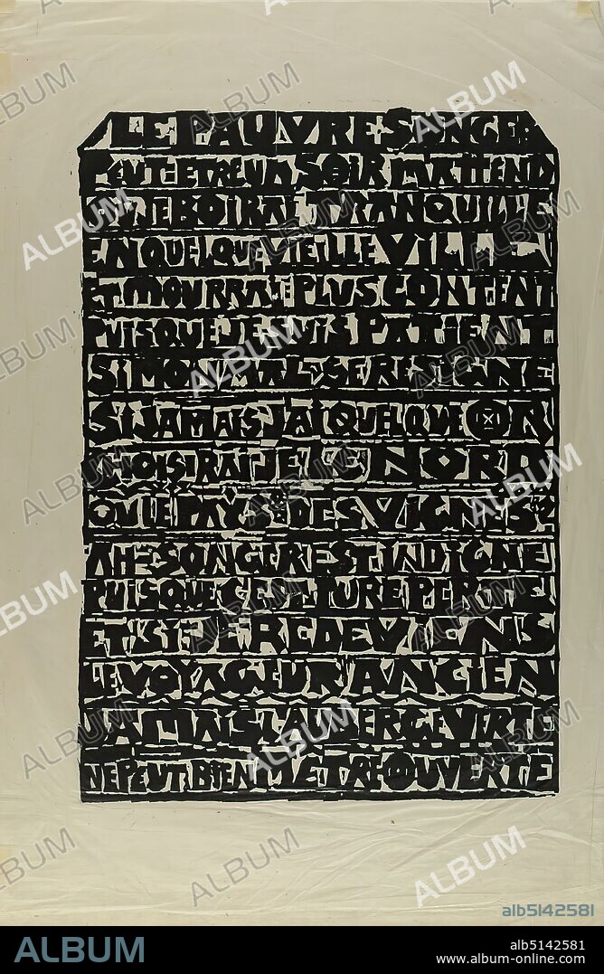 Gustav Heinrich Wolff, Le Pauvre Songe (typeface with poem by Arthur Rimbaud), tissue paper, woodcut, woodcut on tissue paper, image size: height: 33 cm; width: 23,1 cm, layout and typography, letters, alphabet, typeface, literature, literature, poetry, works of literature, classical modernism, typeface with the poem Le Pauvre Songe by the French poet Arthur Rimbaud (1854-1891). S. Holthusen 1964 Graphic No. 10.