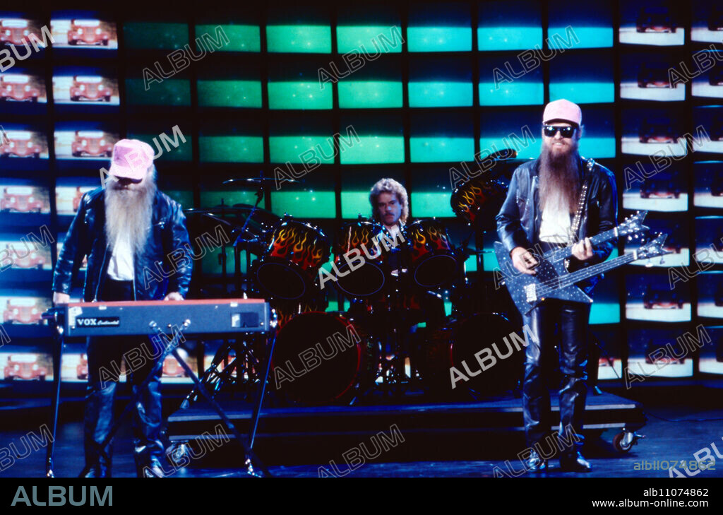 ZZ Top, American rock band, Lanier Greig, keyboard, Frank Beard, drums, Dusty Hill, singer and electric bassist, performance in Germany, 1987.
