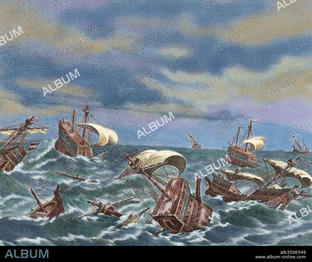 La Armada Invencible. Flota enviada por el monarca español Felipe II contra Inglaterra en el año 1588. Destrucción de La Armada Invencible. Grabado del siglo XIX. Coloreado.