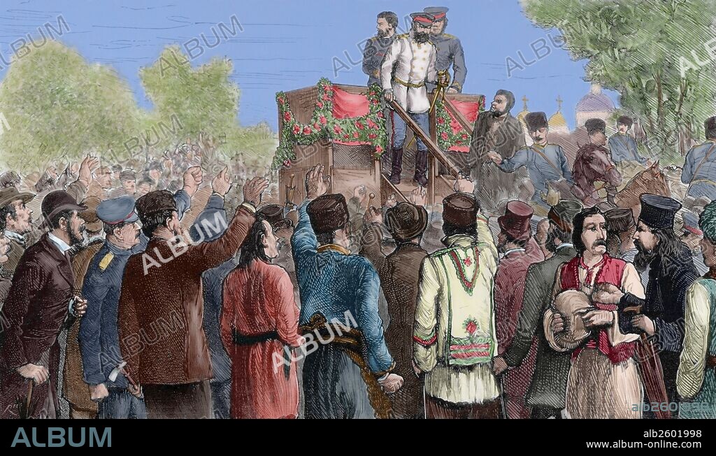 Alexander Kaulbars (1844-1925). General de la Armada Imperial Rusa y explorador del Asia Central. Participó en la Guerra Ruso-Turca, Guerra Ruso-Japonesa y Primera Guerra Mundial. Grabado por Rico. Bulgaria. Sofia. Los electores interrumpiendo tumultuosamente un discurso de general Kaulbars, en le Meeting. "La Ilustración Española y Americana", 1886. Grabado coloreado.