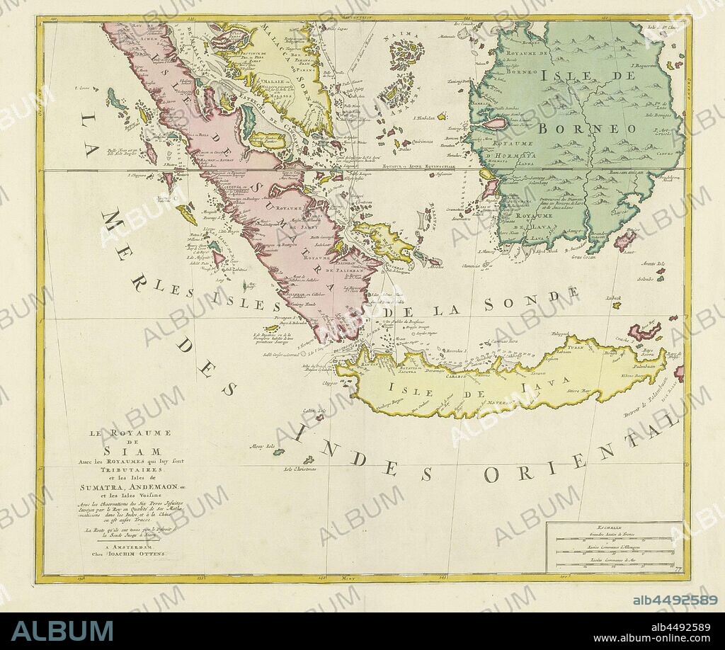 Map of the Kingdom of Siam (lower half), Le Royaume de Siam, avec les royaumes qui lui sont tributaires and les iles de Sumatra, Andemaon, etc, et les iles Voisines (title on object), Map of the Kingdom of Siam (Kingdom of Ayutthaya) and its vassal states. Different areas colored differently. Depicted are the islands of Sumatra, Java and Borneo and part of Malacca. A dotted line and a normal line indicate the route of the Jesuit cartographers, sent by the king, through the area, from top to center. Bottom right scale in French, German and nautical miles. Bottom part of a map of the entire kingdom, maps of separate countries or regions, Indonesia, Sumatra, Java, Borneo, Malacca, Joachim Ottens (mentioned on object), Amsterdam, 1700 - 1750, paper, engraving, h 479 mm × w 554 mm.